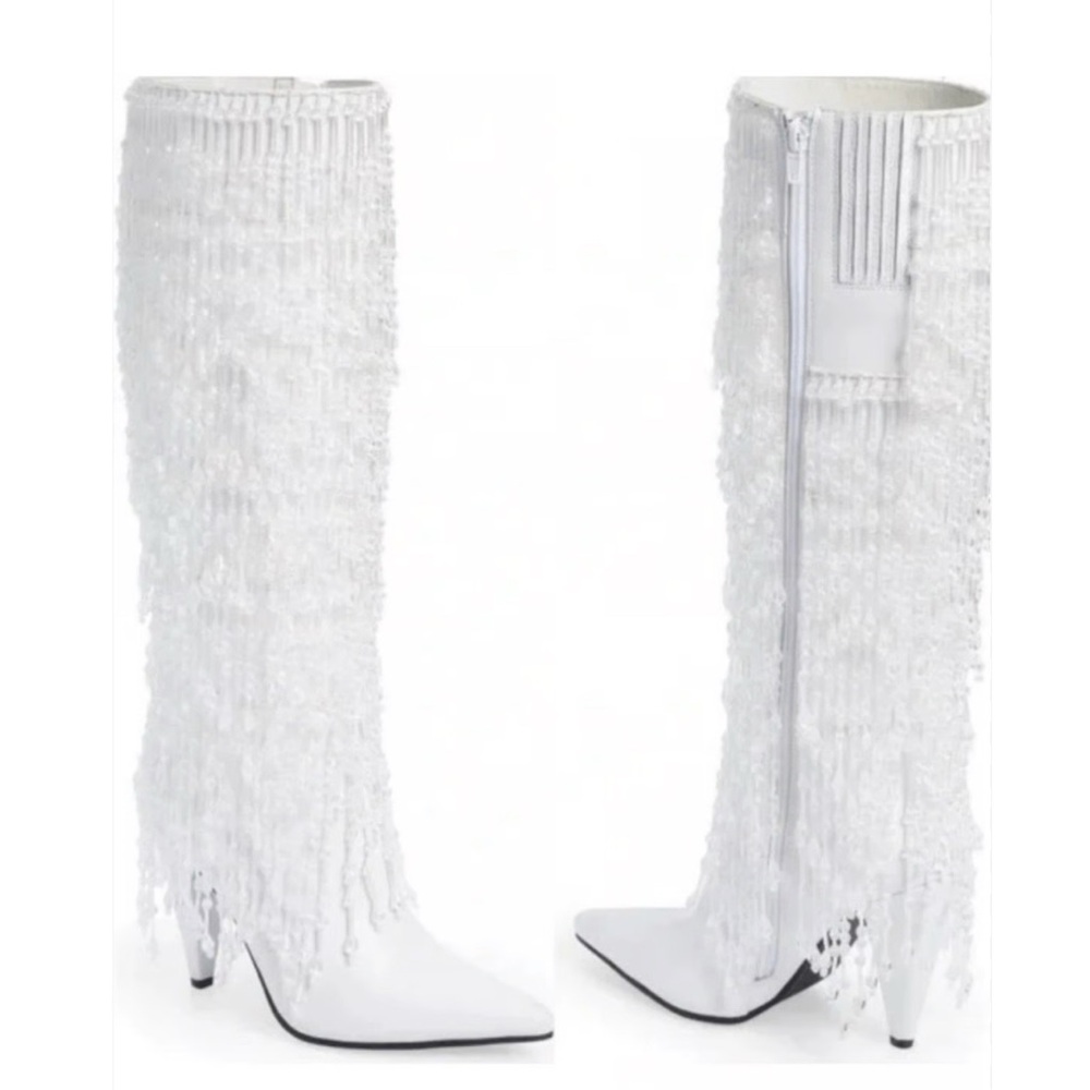 Jeffrey Campbell Fallin4U White Tall
Beaded Fringe Heeled Boots Tall Size : 9